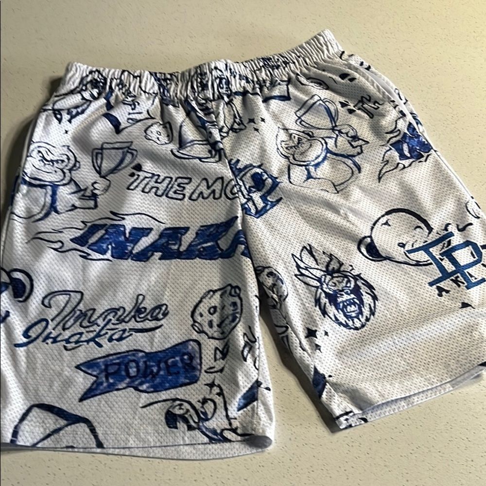 Inaka Power White Graphic Mesh Shorts with Navy Design Mens L
